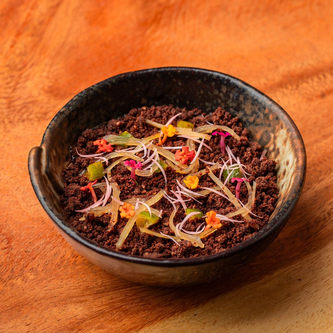 Bowl of food and edible flowers