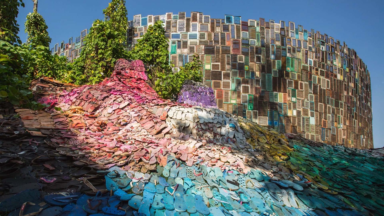 Buildings and artworks made from repurposed materials at Potato Head Bali