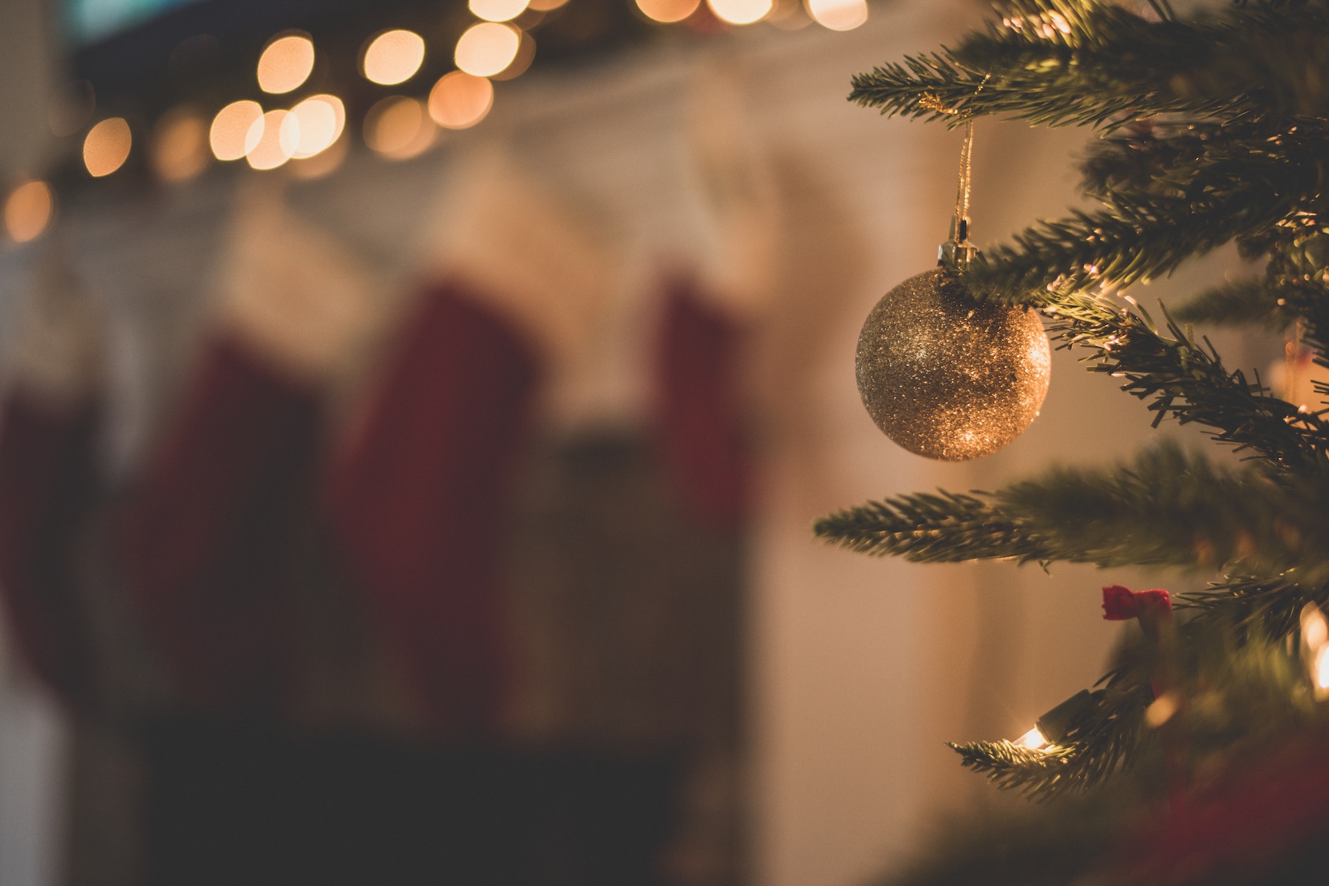 Bauble on Christmas tree with blurred background