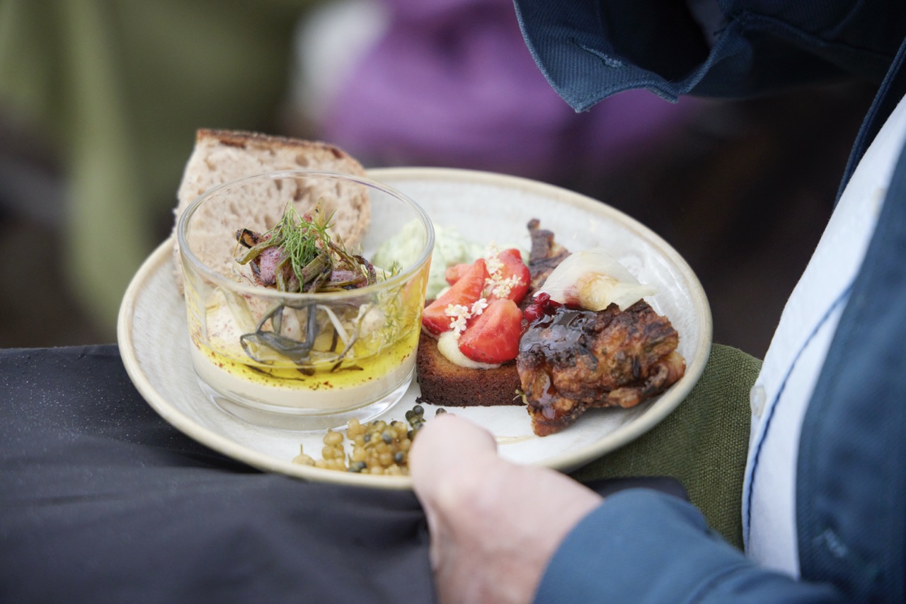 A hand holding a plate of food including chicken, strawberries and bread