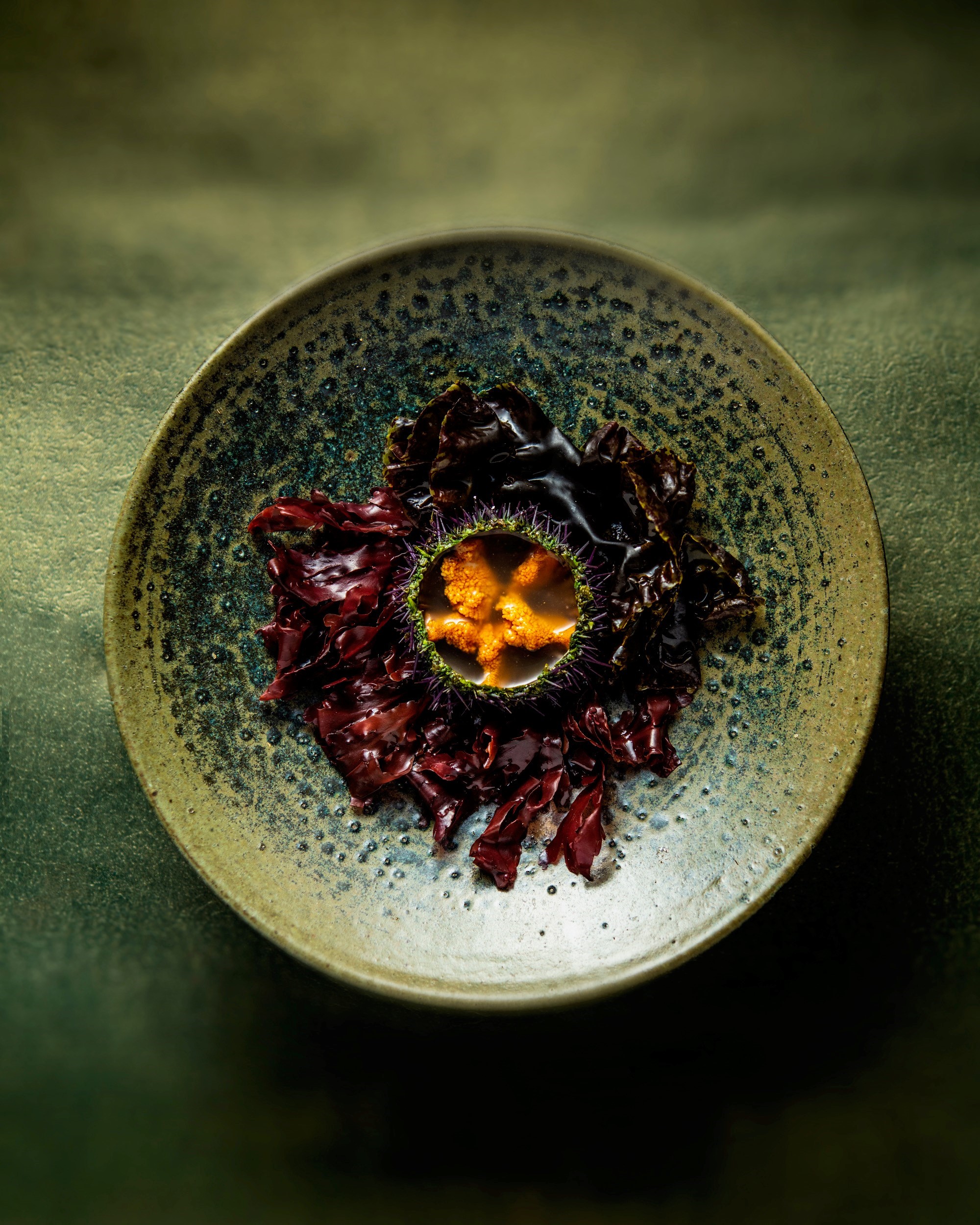 Overhead shot of beautiful red seaweed dish at FYN, South Africa