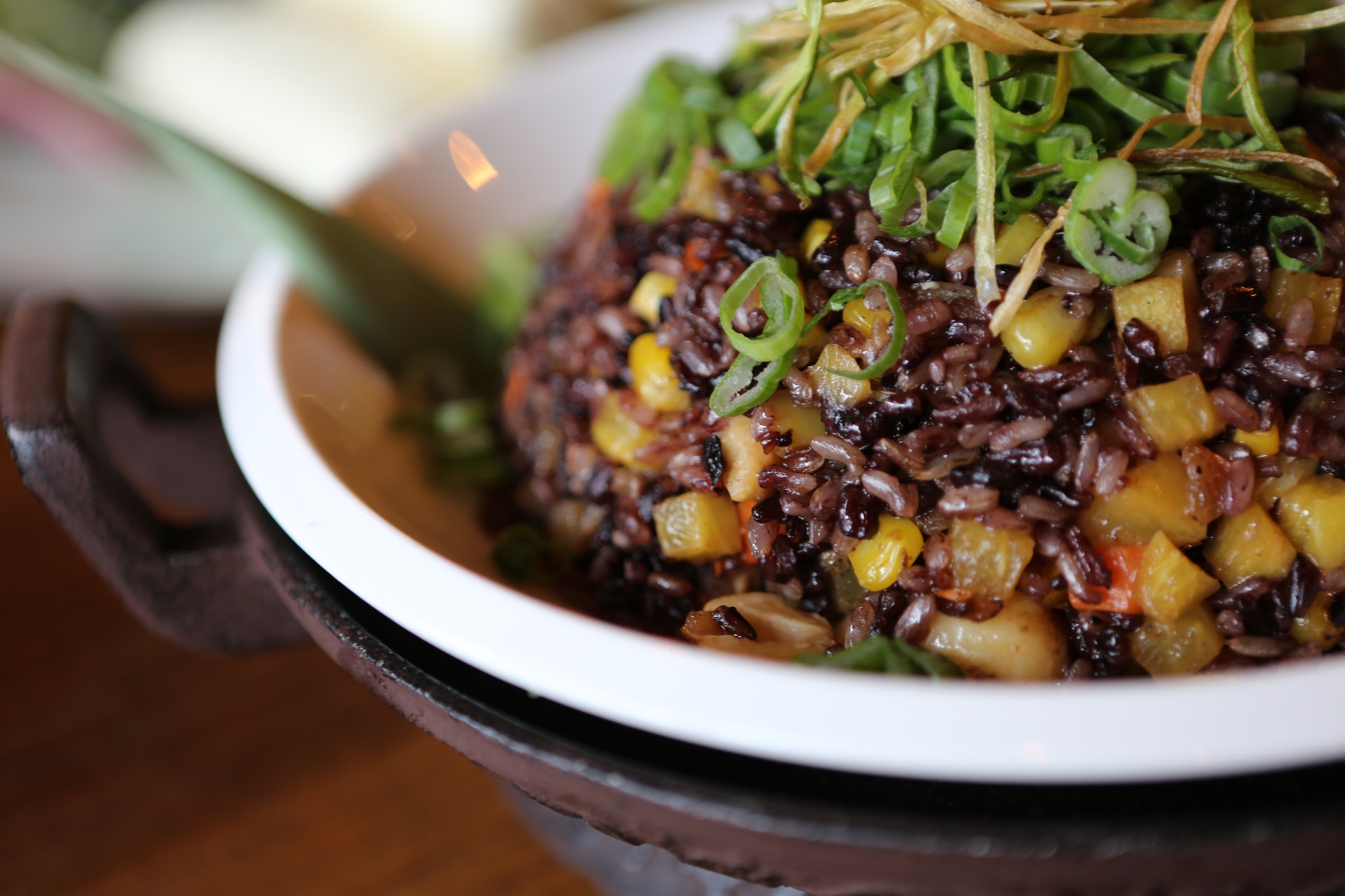 Close up of dish with wild rice and vegetables