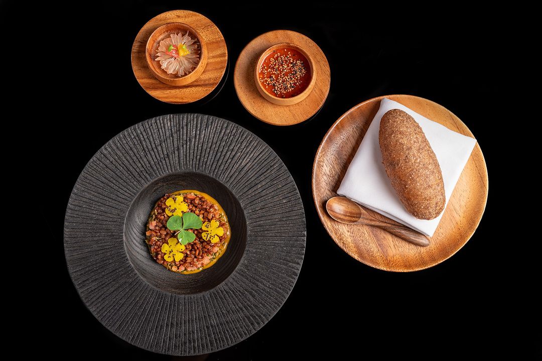 Beautiful food shot from overhead against dark background