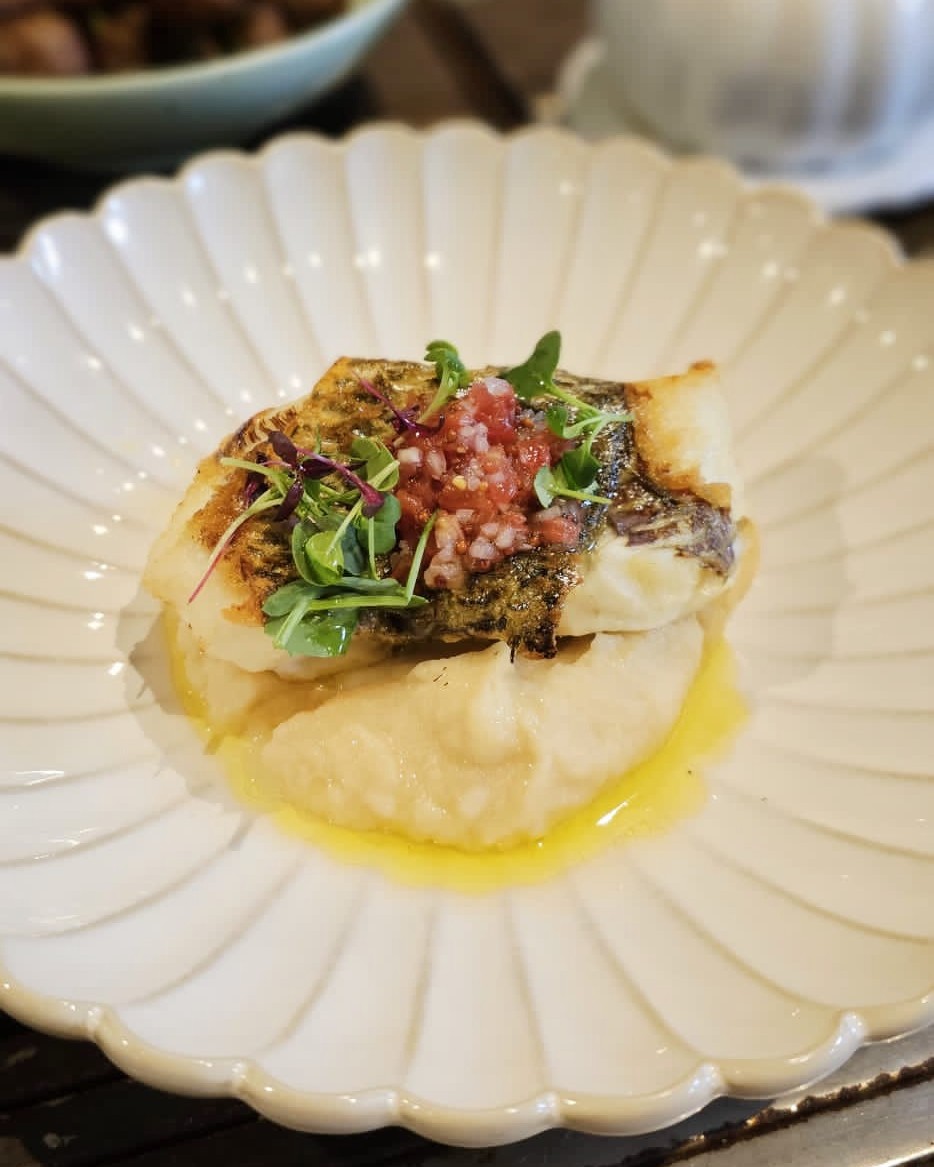 White fish on mashed potato in scalloped white bowl