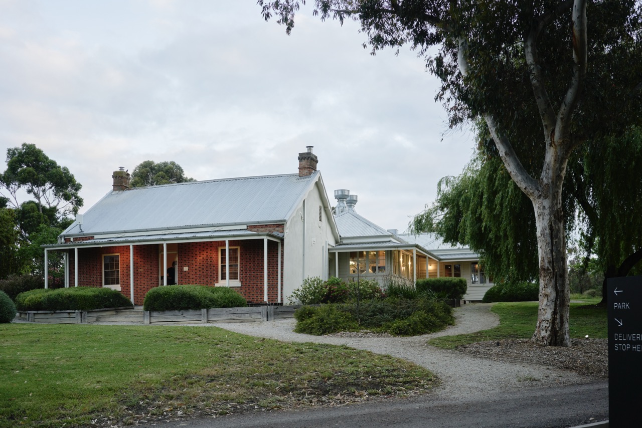 Exterior shot of Brae restaurant in Australia, taken at dusk