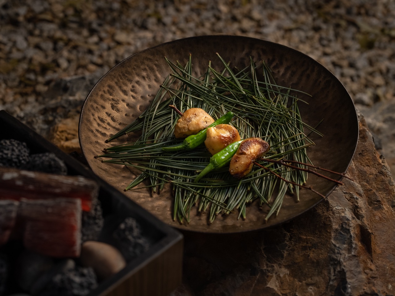 Beautiful food in a dark bowl against a dark background