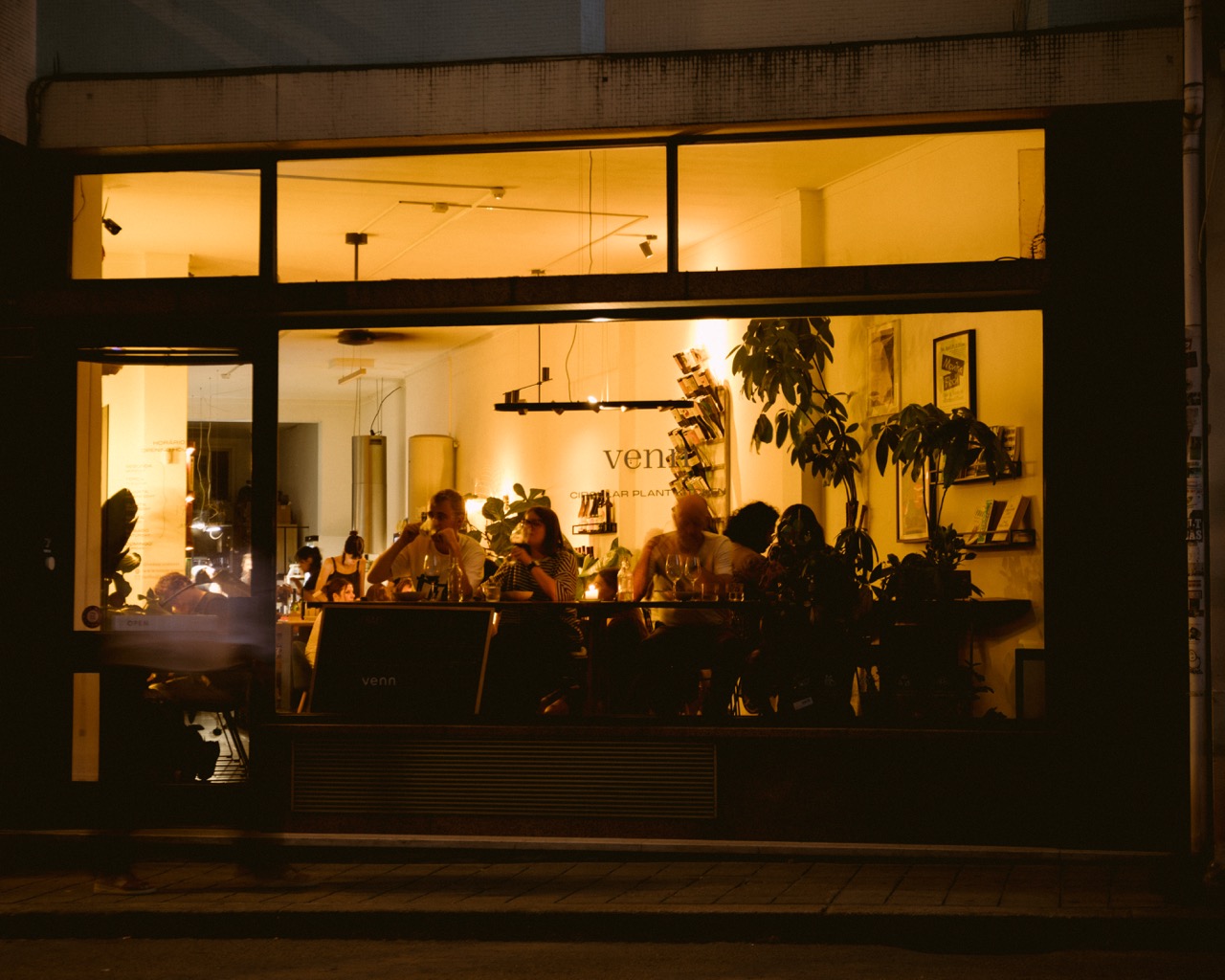 Exterior shot of venn canteen busy at night