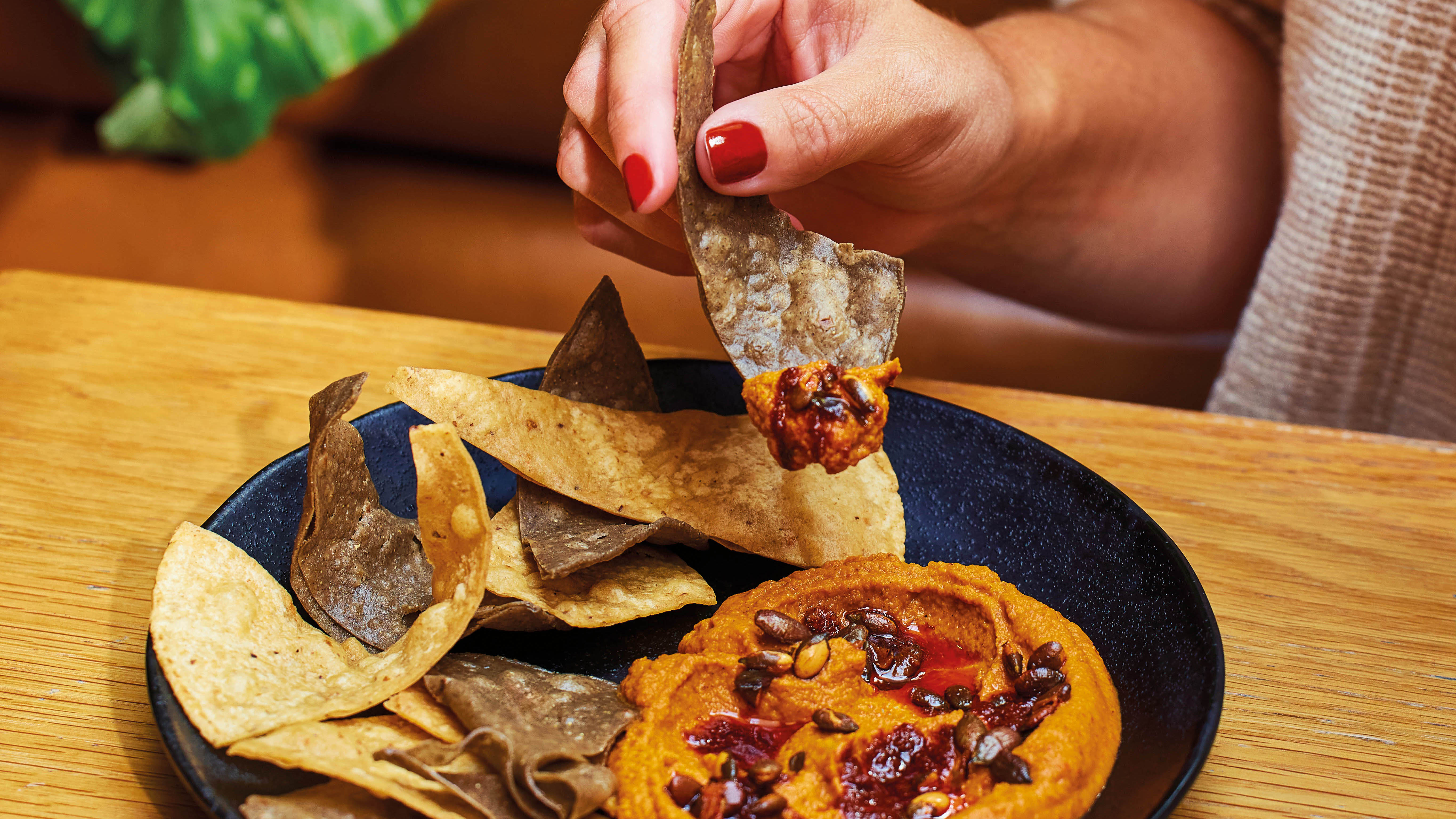 Hummus with tortilla chips in Wahaca