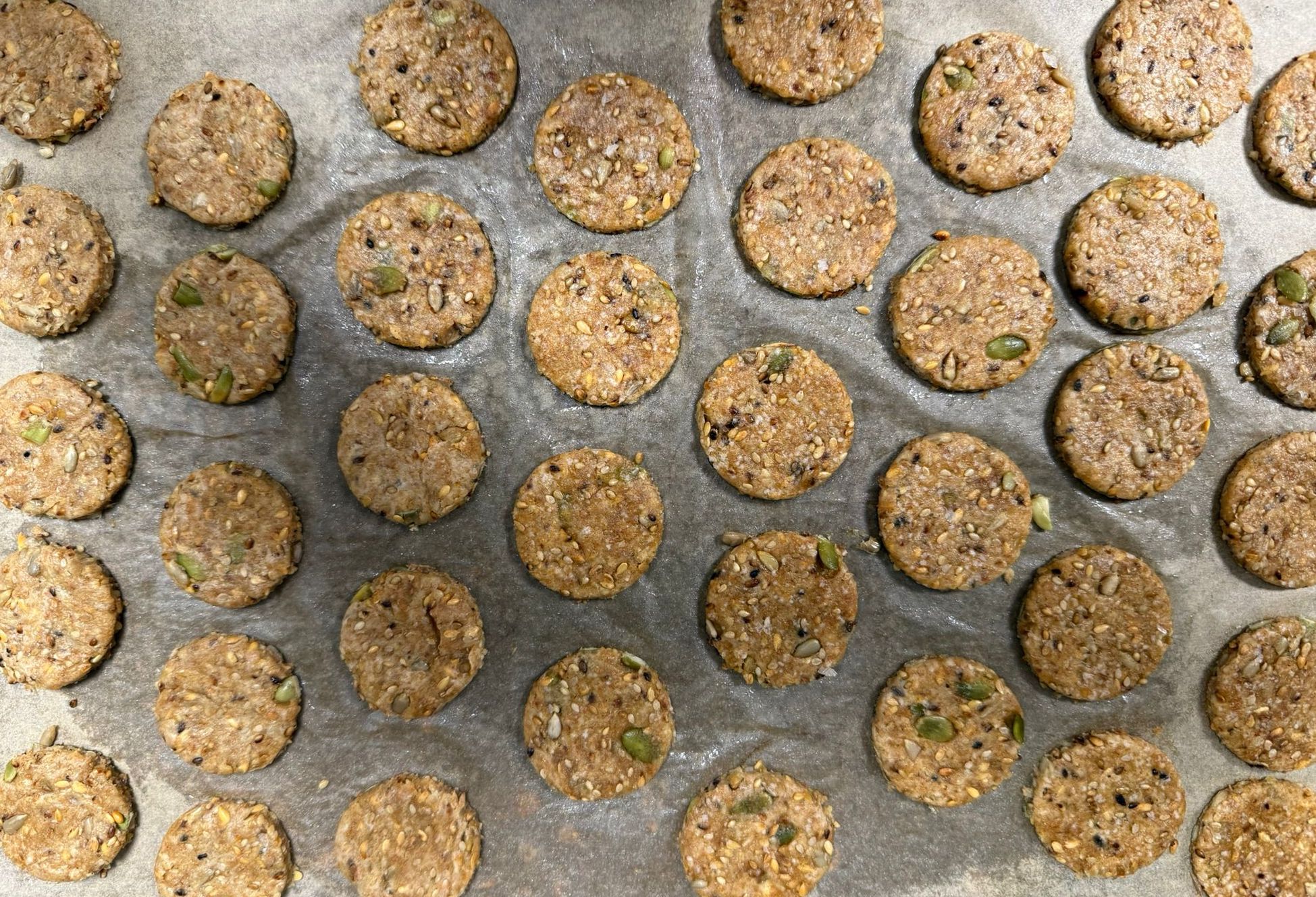 Overhead shot of seeded crackers on parchment paper