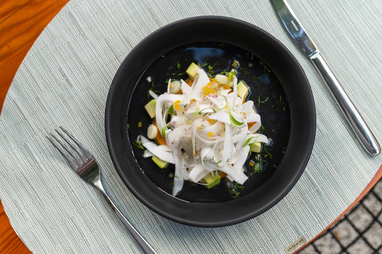 Overhead shot of Coconut Ceviche at Limaná restaurant, Peru