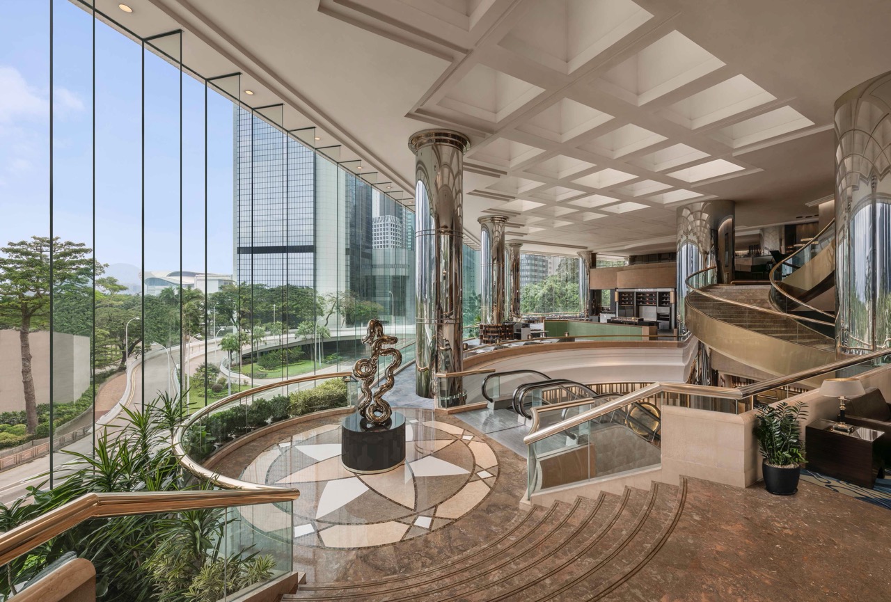 Wide angle shot of the lobby at JW Marriott Hotel Hong Kong