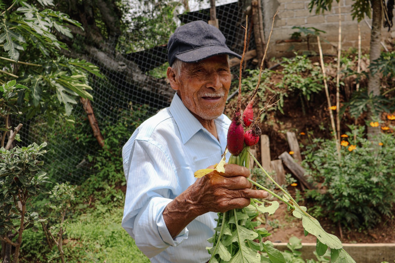 A farmer in Mexico holding crops and smiling at the camera