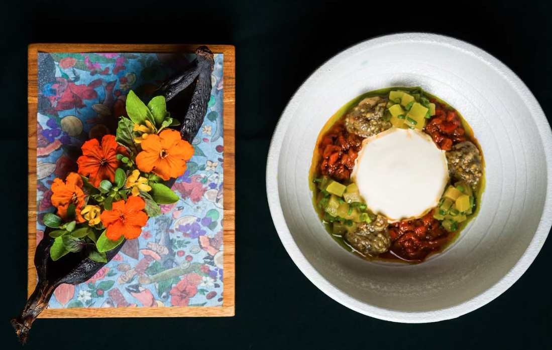 Beautiful, colourful food at Celele restaurant in Colombia, shot from overhead against black background