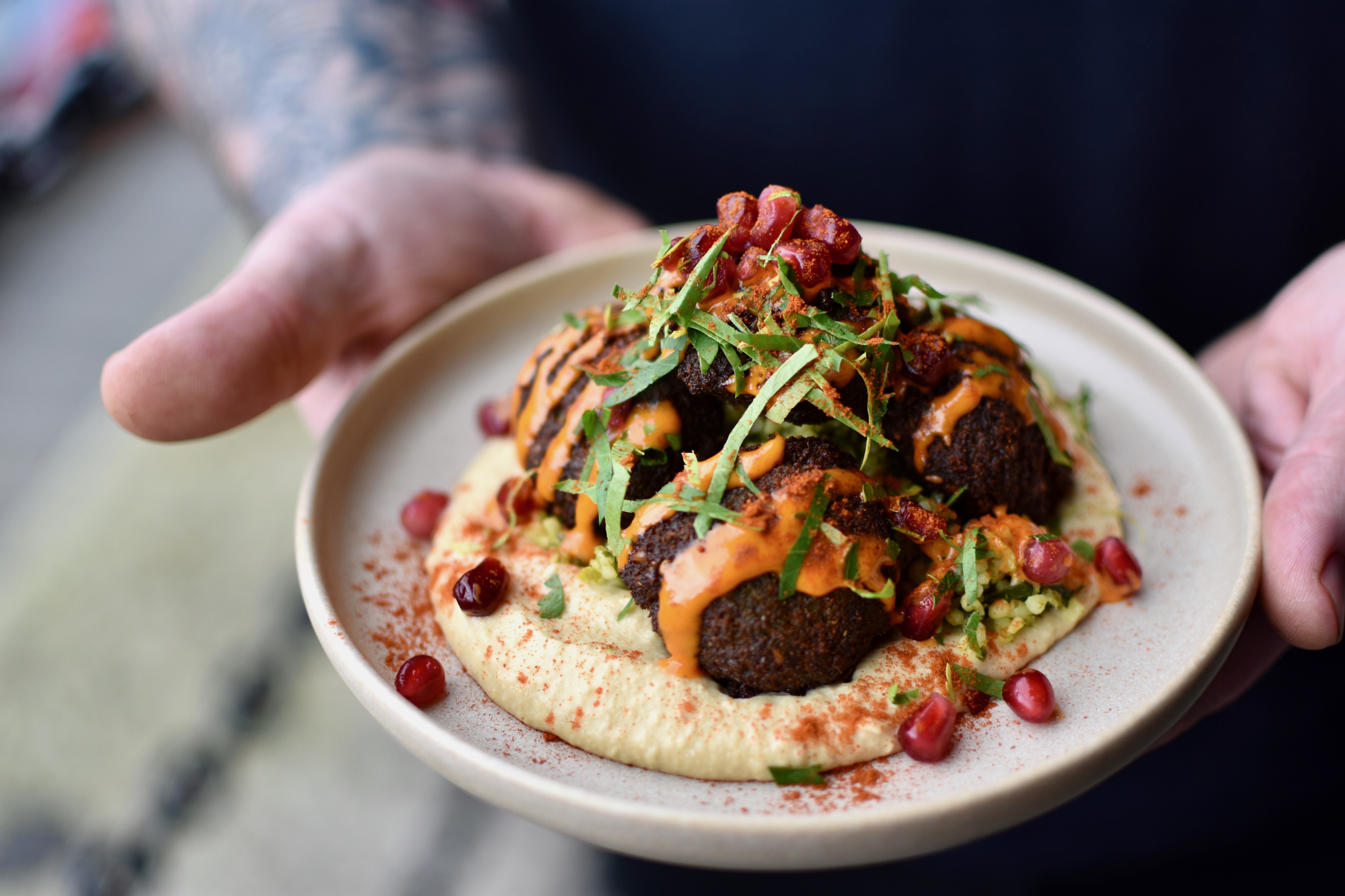 Hands holding plate of appealing food