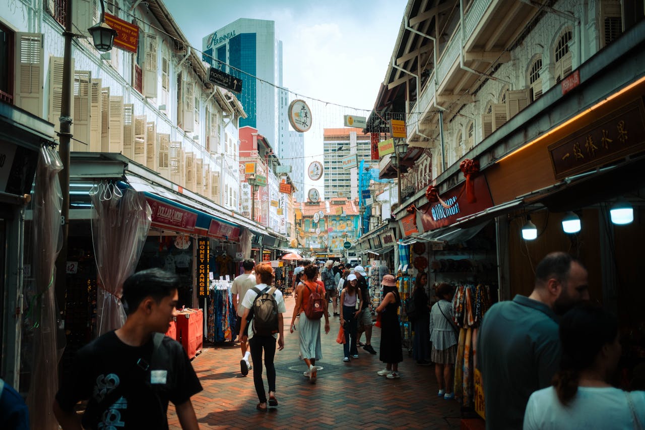 People walking down street in Chinatown, Singapore