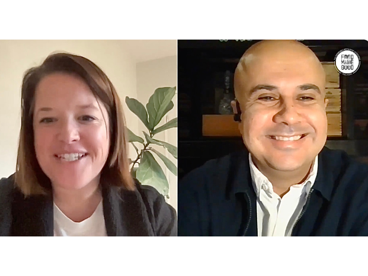 A screenshot of Juliane Caillouette Noble and Omar Shihab in discussion over a video call