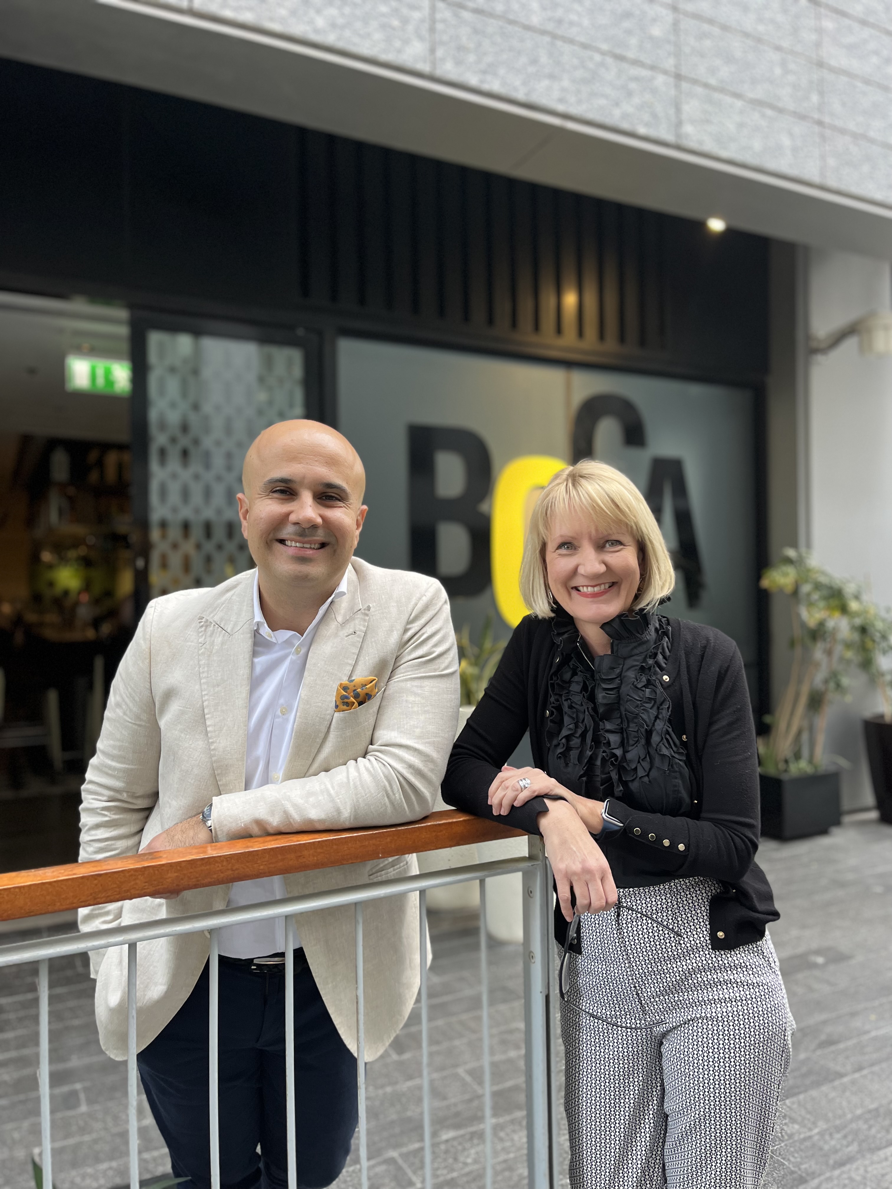 Sustainability Consultant Keary Shandler and Restaurateur Omar Shihab smiling for camera