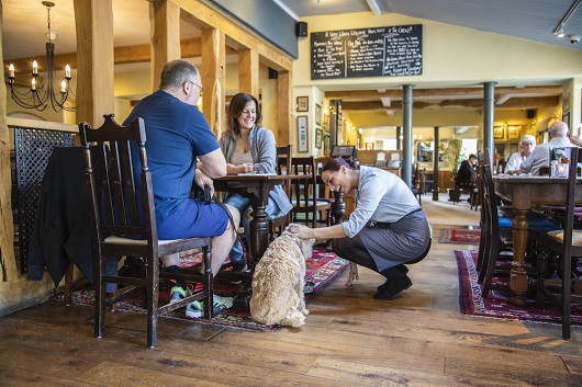 Brunning & Price pub interior with customers and a dog