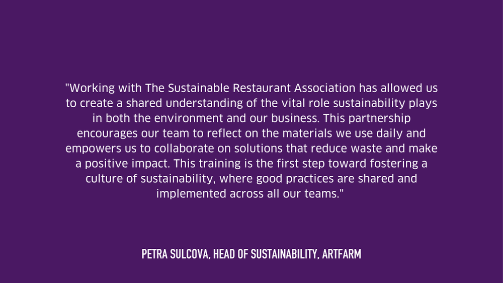 Written testimonial from Artfarm, white text on purple background