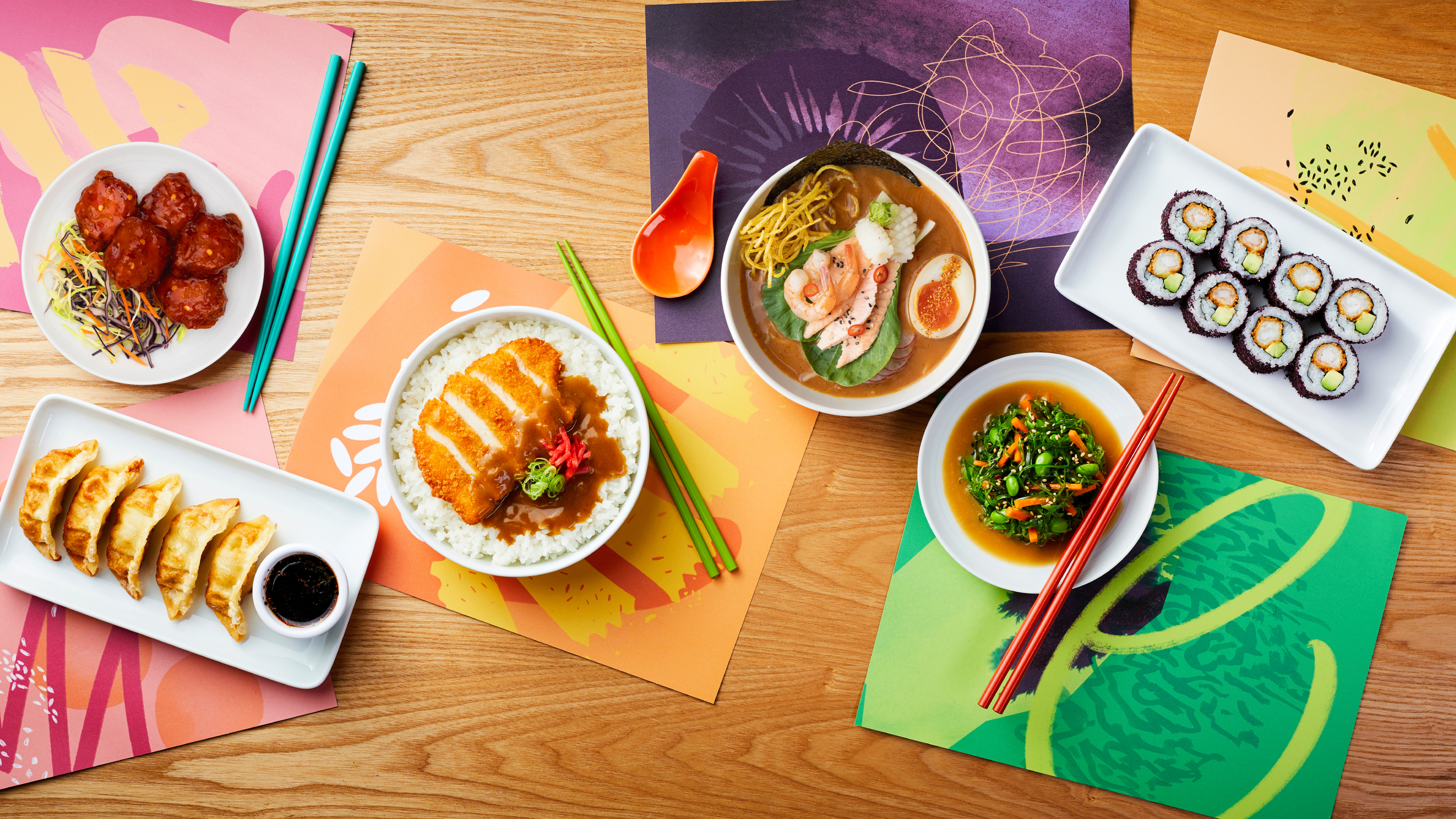 Overhead shot of selection of dishes at YO! Sushi