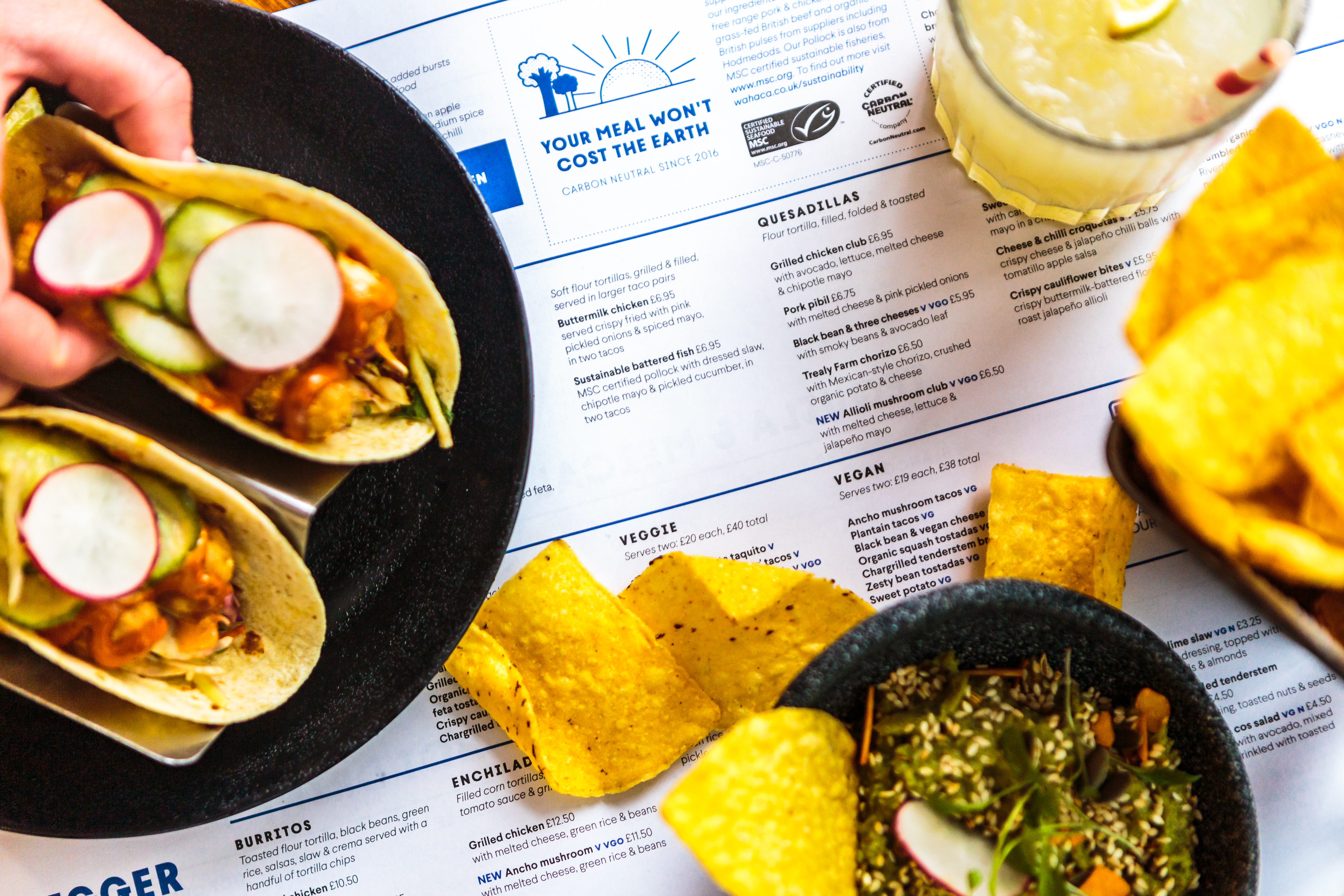 Tacos, tortilla chips and margarita at Wahaca