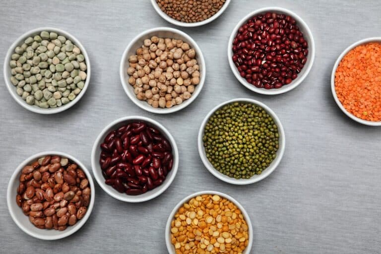Overhead shot of different types of beans and pulses in bowls against grey background