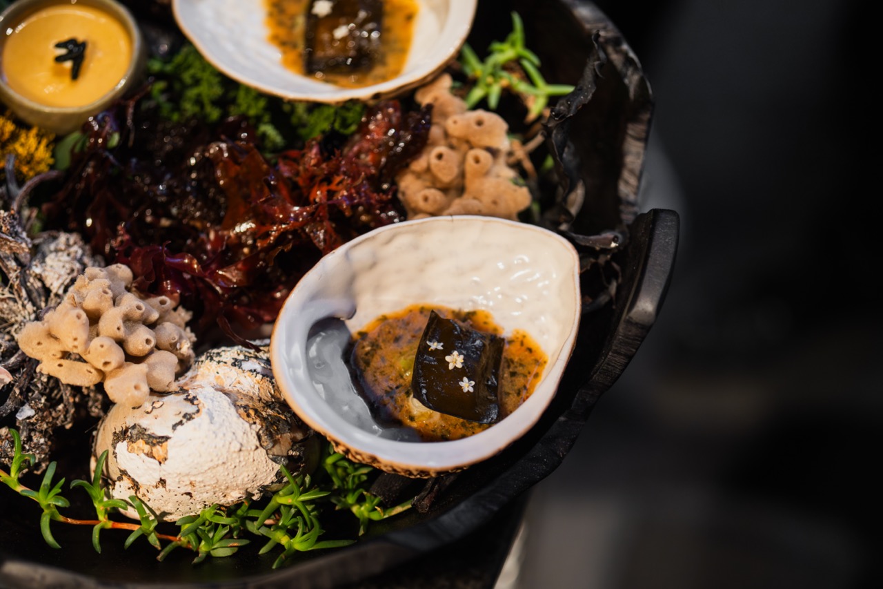 Beautifully presented food in small white bowls surrounded by foraged plants