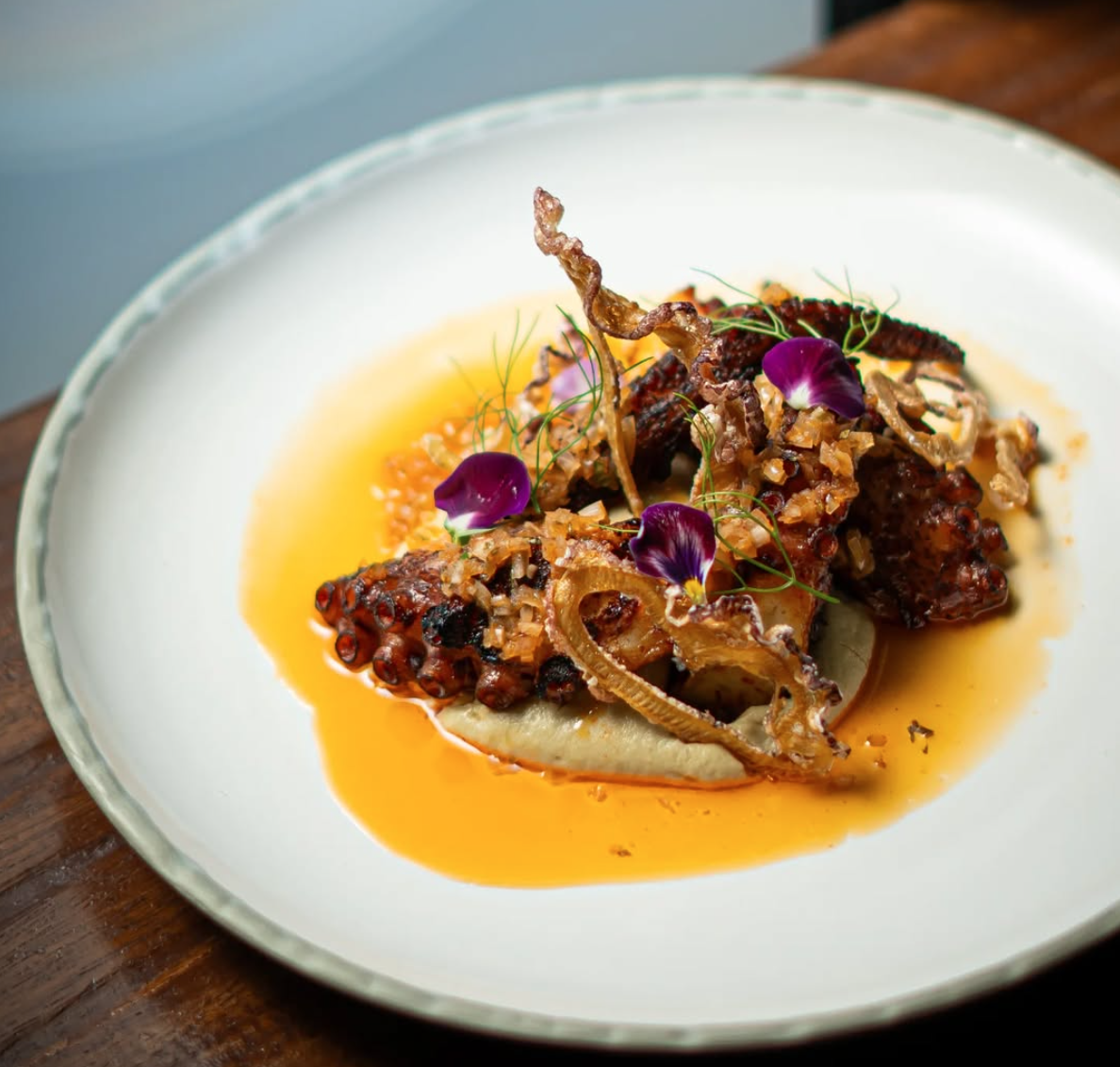 White bowl of beautiful sophisticated food at BOCA, Dubai
