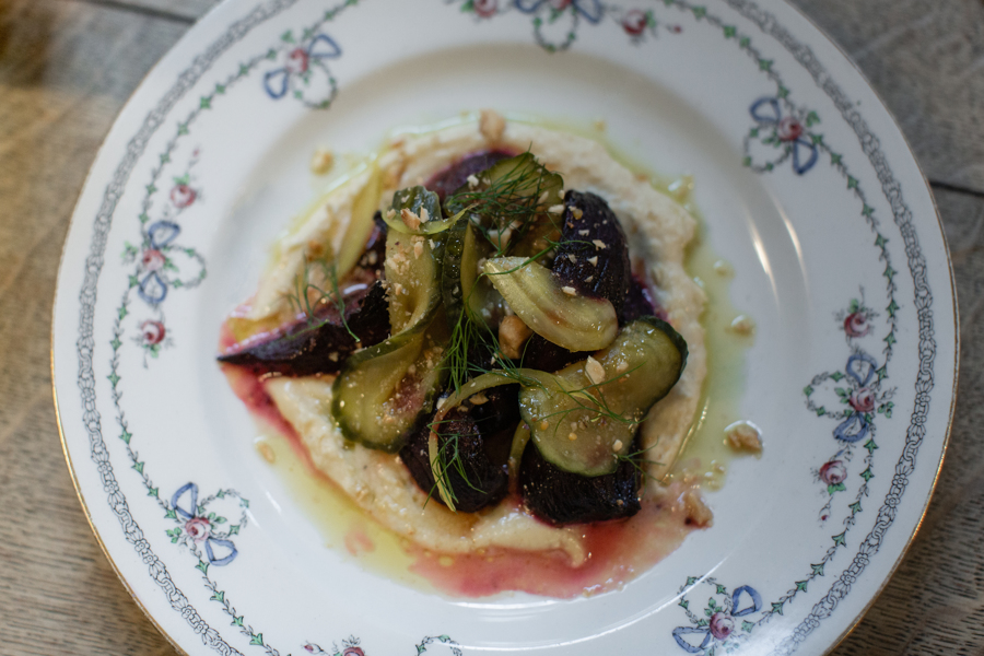 Overhead shot of vegetable dish on plate at The Bull Inn Totnes