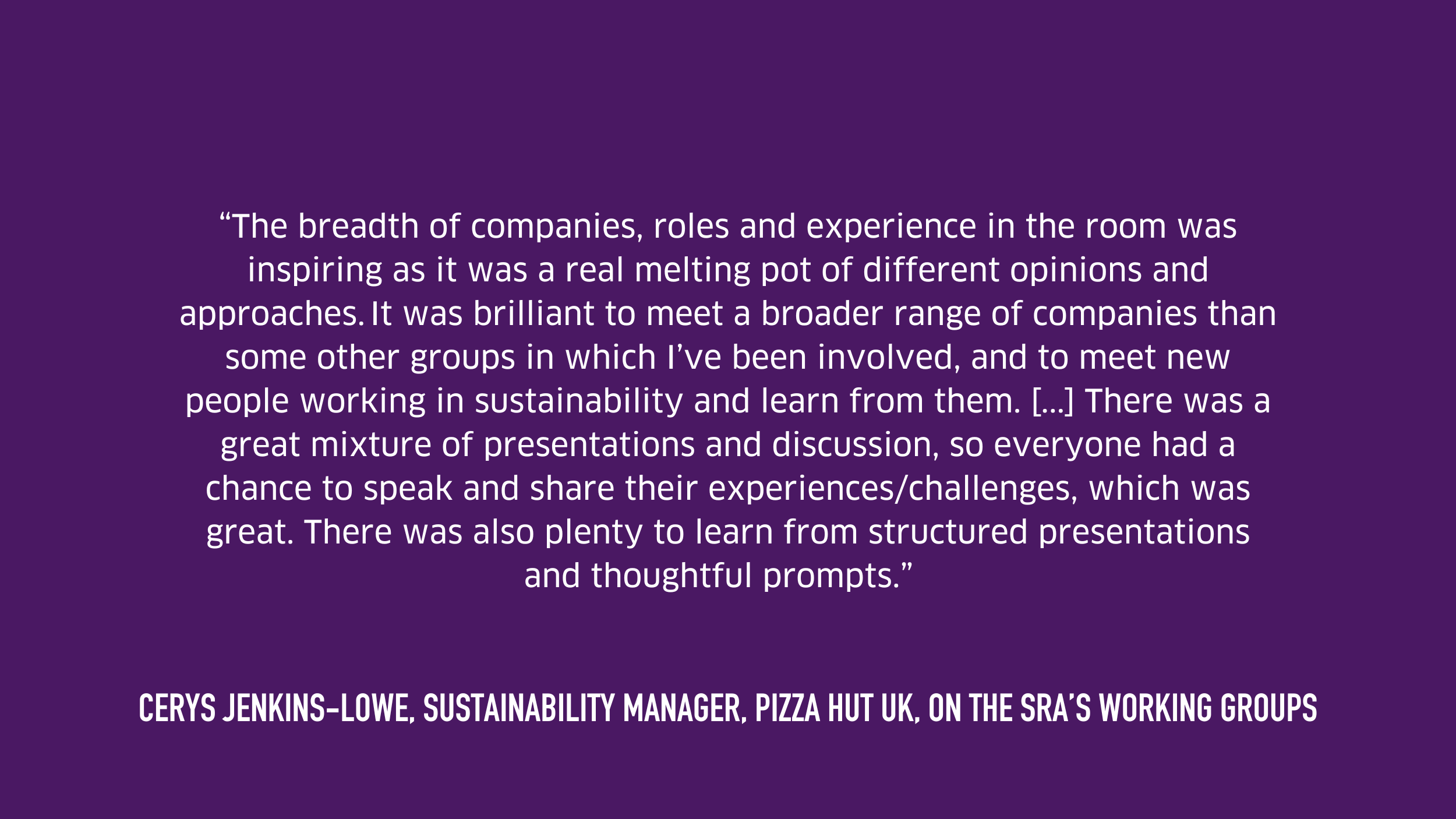 Written testimonial from Pizza Hut, white text on purple background
