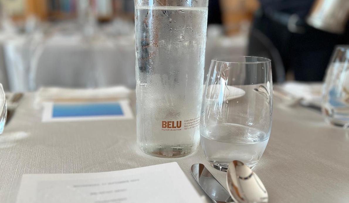 Belu water bottle at the launch of 'Small Changes, Big Impact: Driving Sustainability Through Hospitality', a free resource from Belu and The Sustainable Restaurant Association