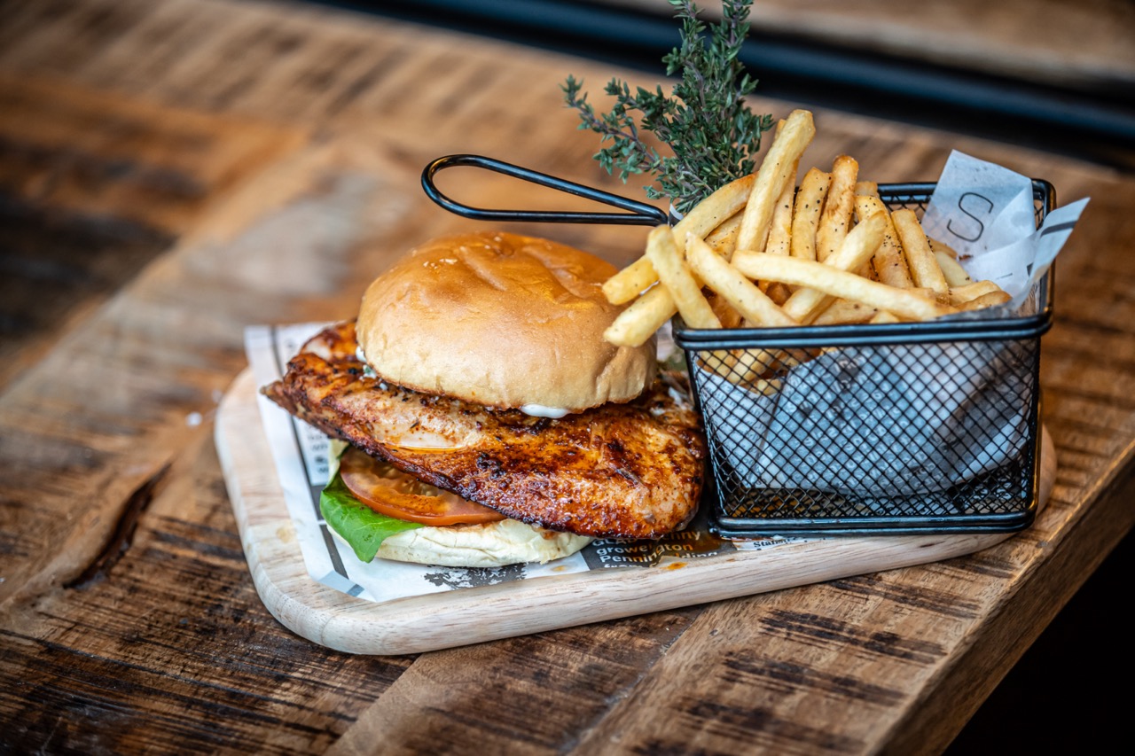 chicken burger and chips at University Of Edinburgh