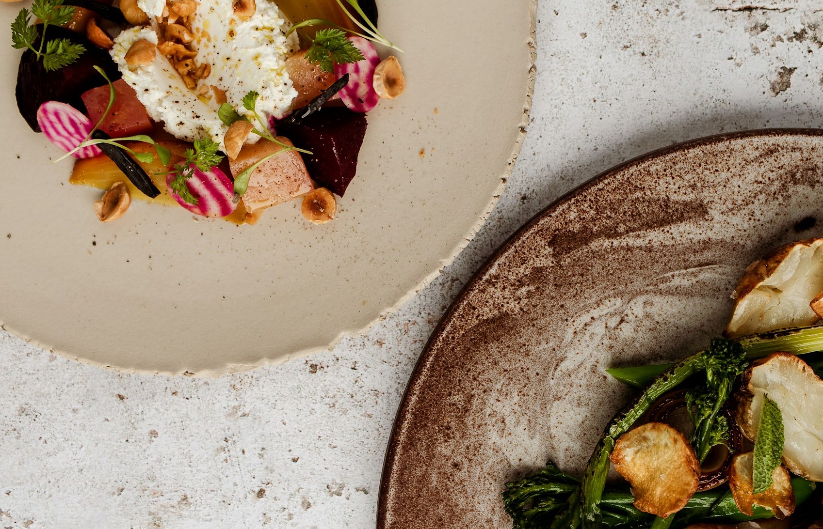 Overhead shot of two plates with beautiful vegetable dishes