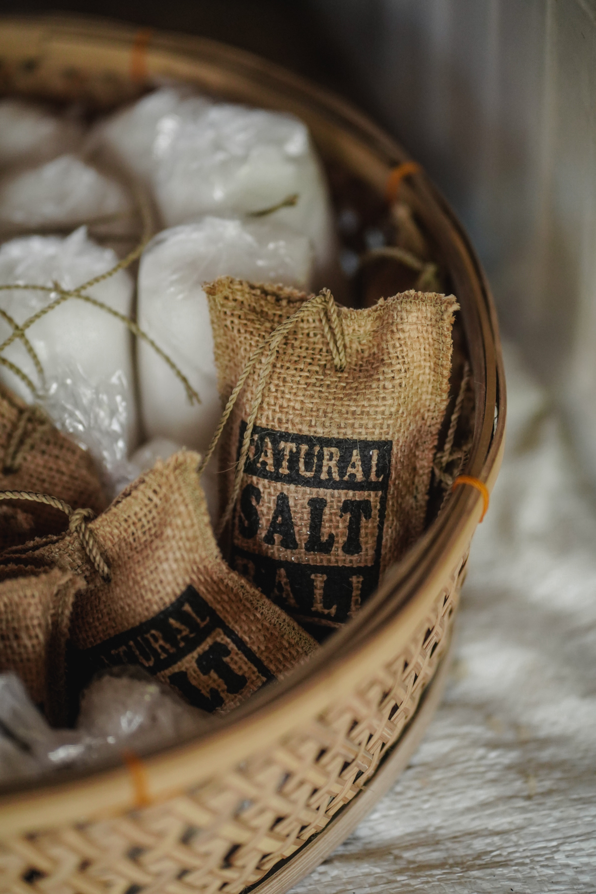Small brown bags with 'Natural Salt' written on the front