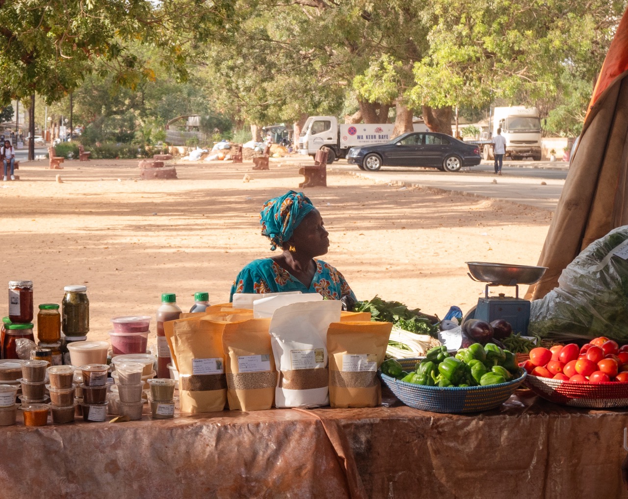 An agroecological farmer selling her produce at a local organic market in Senegal