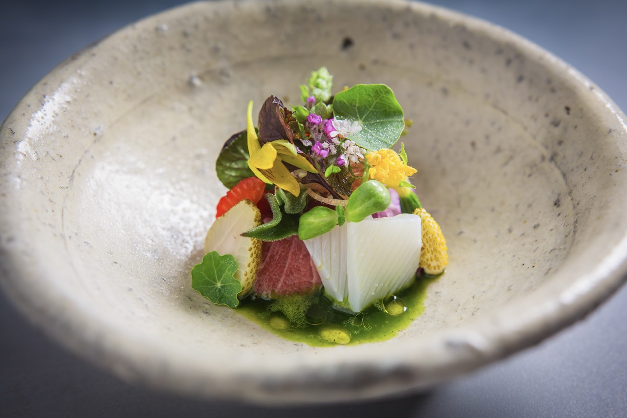 A bowl of beautiful food at SingleThread Restaurant