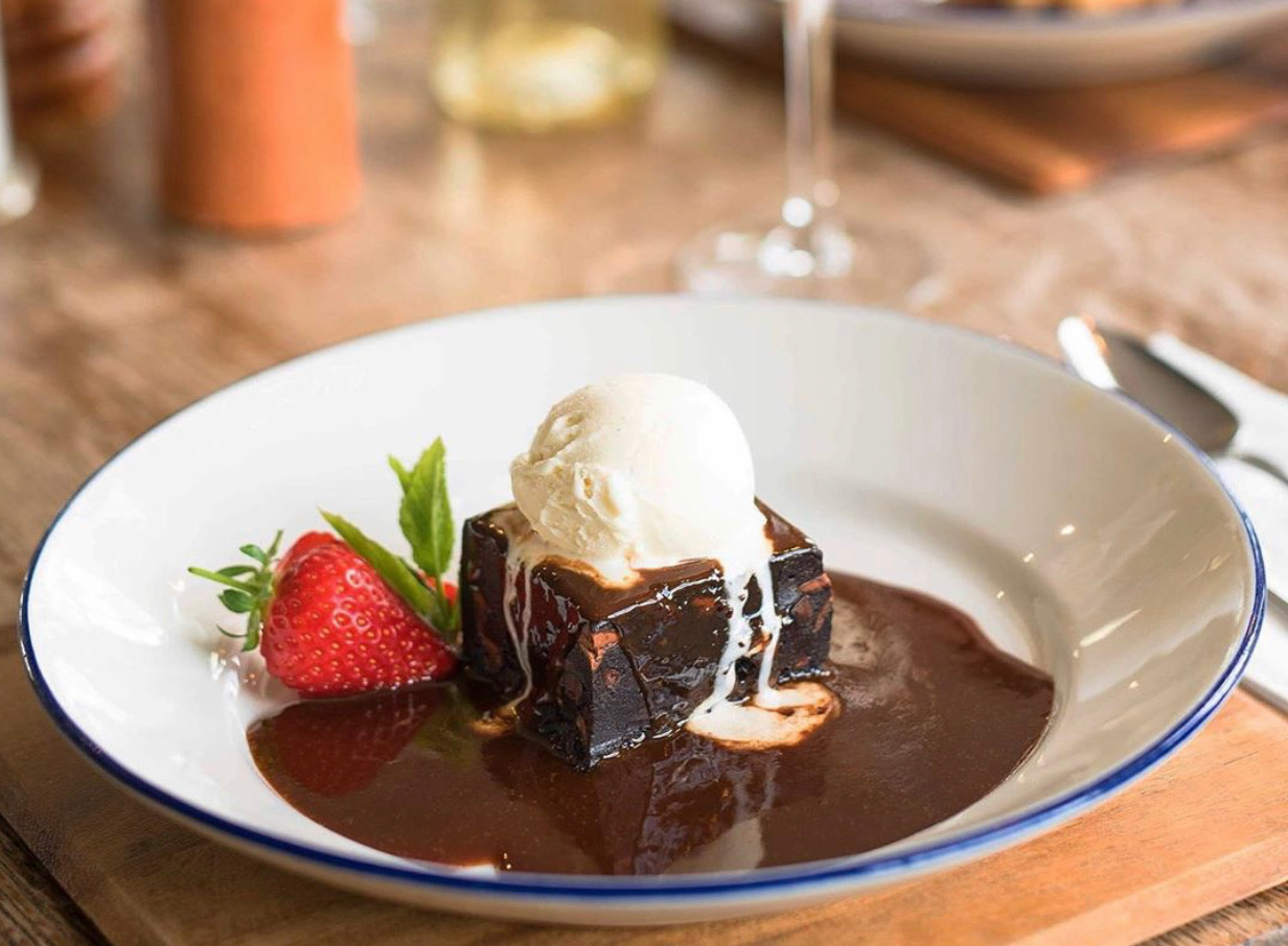 Chocolate dessert with ice cream at Brunning & Price