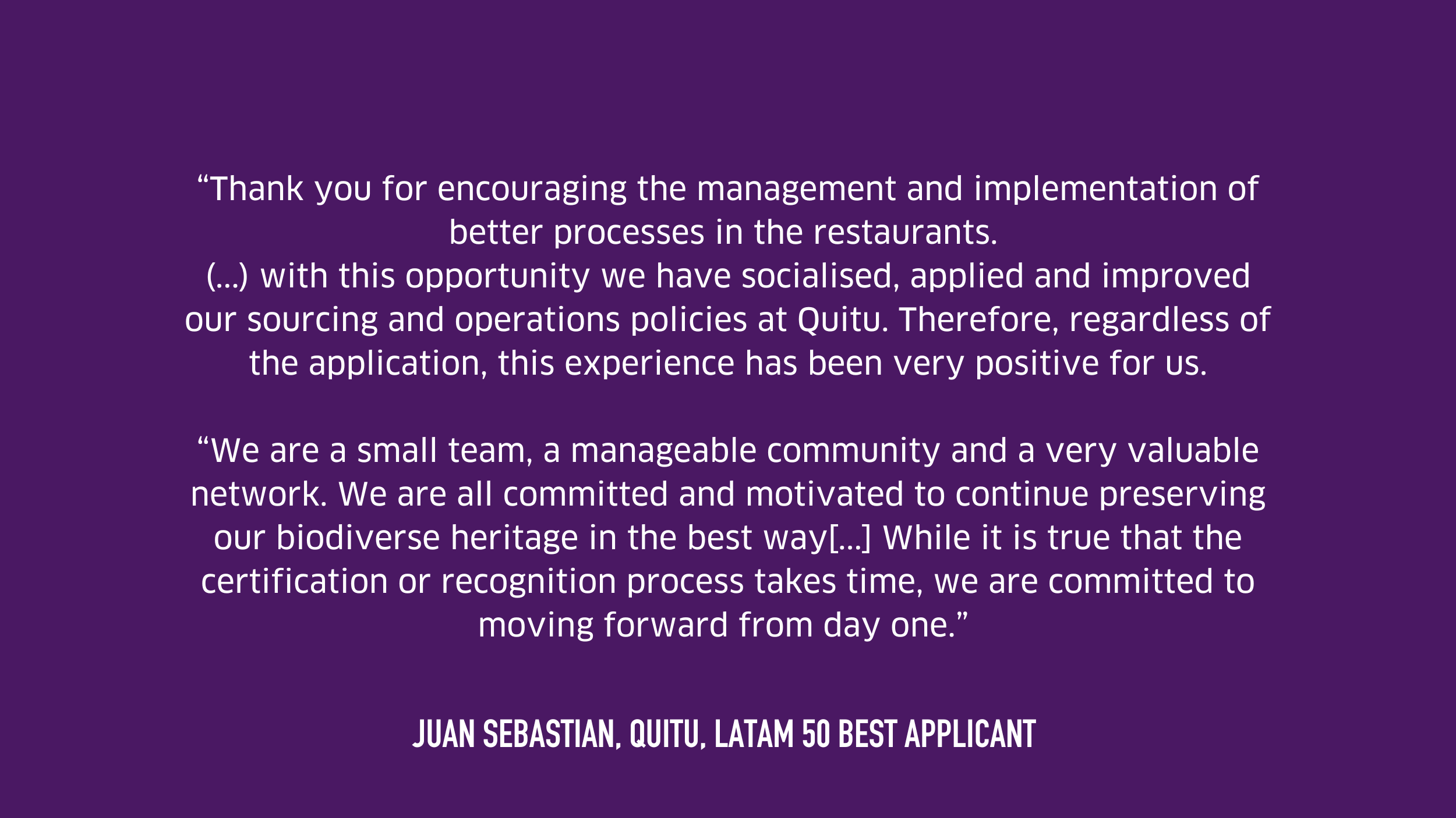 Written testimonial from Quitu, white text on purple background