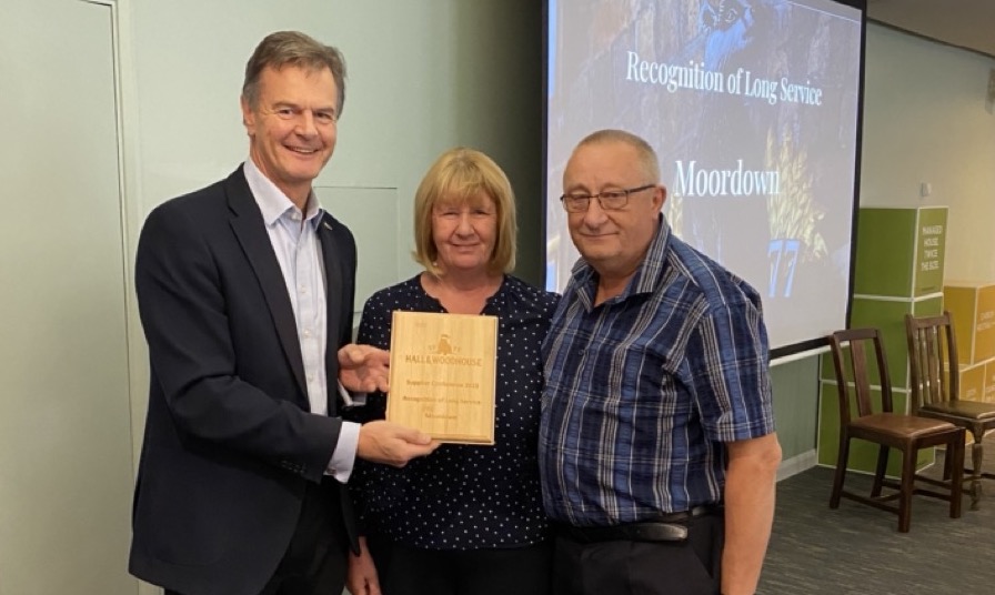 Hall & Woodhouse Supplier Awards Long Service Award being accepted by Mark And Christine Edwards, Moordown